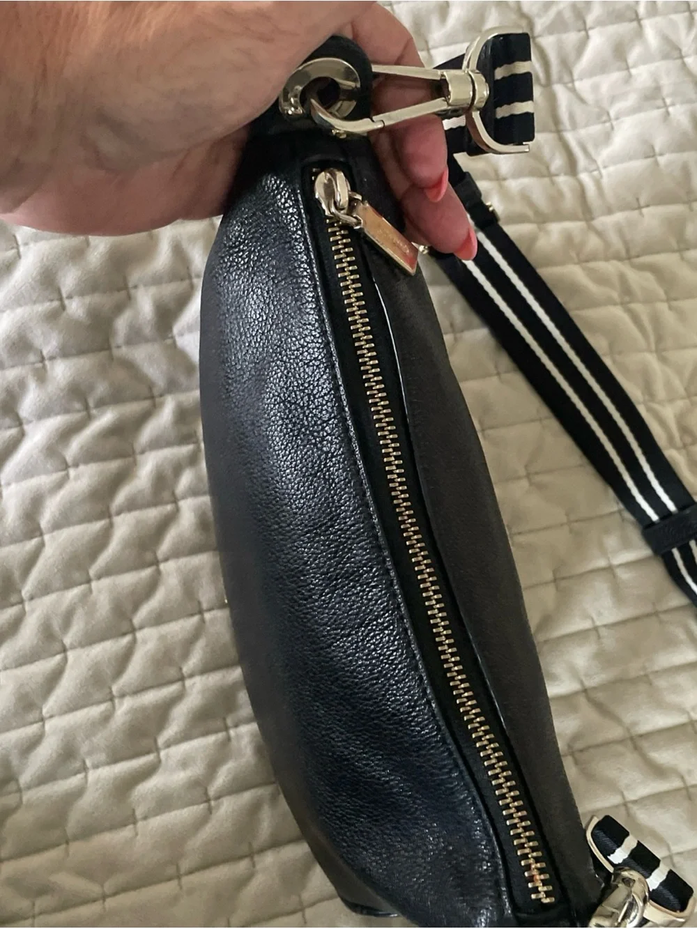 kate spade Black Pebbled Leather Crossbody with Striped Strap